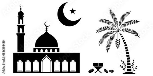 Islamic mosque silhouette with crescent moon and palm tree, Ramadan Kareem concept, prayer mat and tasbih, black and white vector illustration
