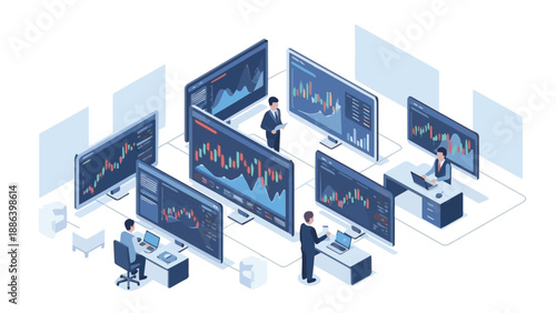 Multiple computer screens display various graphs in a modern office environment with people analyzing data from different viewpoints