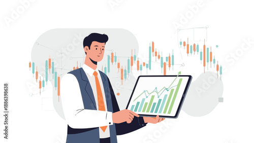 A businessman holding a tablet displaying graphs amidst financial charts in the background