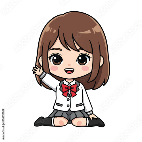 Chibi style anime schoolgirl waving with a happy smile