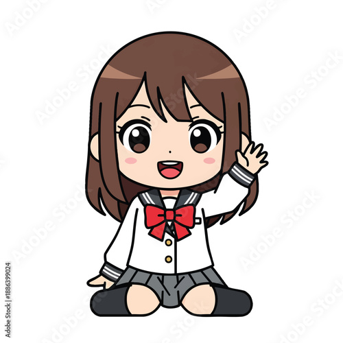Cute Japanese Schoolgirl Waving Hello Adorable Anime Character Design
