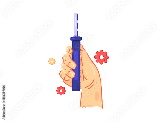 Illustration of a hand holding a screwdriver or soldering iron. Hand of a technician, electrician, engineer, laborer. Handy man. Holding a tool for repair. Flat style outline crayon. Element