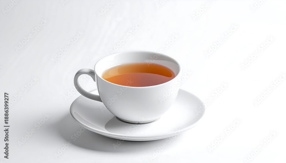 Obraz premium Steaming tea in a white cup rests on a matching saucer against a bright, clean white background
