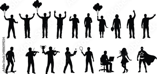 Black silhouettes of people doing various activities like playing music, sports, office work and celebrating with balloons, diverse lifestyle vector illustration set