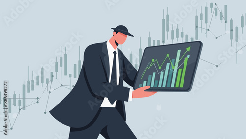 A businessman analyzing financial data on a digital tablet with rising graphs in a modern office environment from a slightly elevated viewpoint