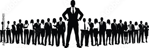 Large group of business people silhouettes with confident leader in suit standing at front, corporate teamwork, professional community and leadership vector illustration