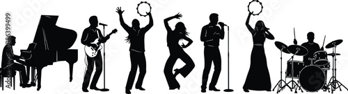 Musical band silhouettes performing on stage, singers and musicians with piano guitar drums and tambourine, live concert performance, entertainment show, vector illustration.