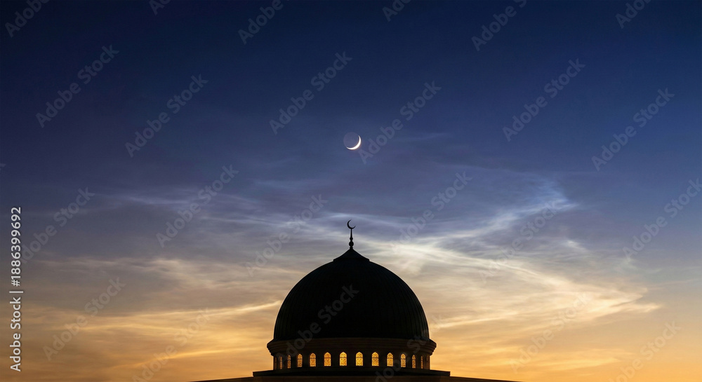 Obraz premium Silhouette of Mosque Dome with Crescent Moon Against a Beautiful Twilight Sky