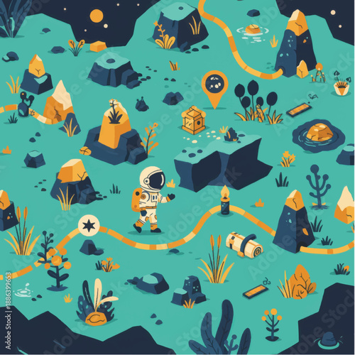 Astronaut Exploring Alien Landscape with Map.