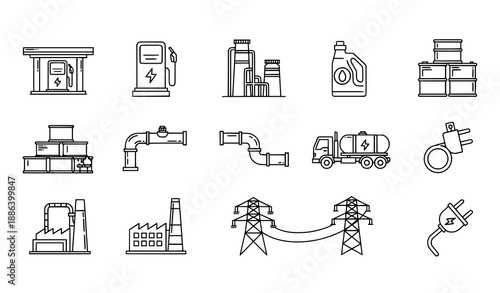 Fuel and energy infrastructure outline icon collection