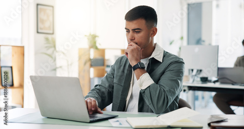 Foto Businessman, laptop or thinking with documents for business idea, planning or strategy in office