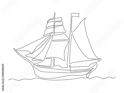 Vintage sailing ship, sailboat, abstract continuous single one line art hand drawing sketch logo on white background