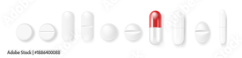 Vector 3d Realistic White Medical Pill Icon Set Closeup Isolated on Transparency Grid Background. Design template of Pills, Capsules for graphics, Mockup. Medical and Healthcare Concept. Top View