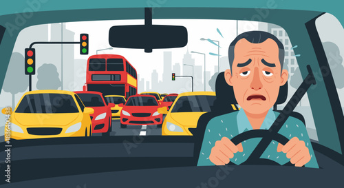 Vector illustration of a stressed male driver stuck in a severe city traffic jam during rush hour, highlighting urban commute stress