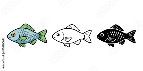 Graphic style fish set featuring color, line art, and silhouette variations for aquaculture and fishing themes