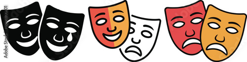 Theater mask icon set. Masquerade icon on transparent background. Drama theater mask sign. Happy and sad mask symbol with line or outline and flat style for apps and websites, vector illustration