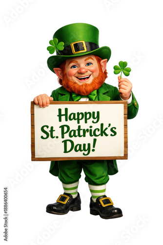 Leprechaun in green attire holding a sign that says happy st patricks day with a shamrock on white and transparent