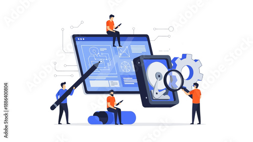 Tiny people developing software and maintaining hardware vector illustration