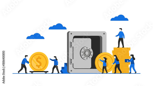 Tiny people saving giant gold coins in a secure bank safe illustration