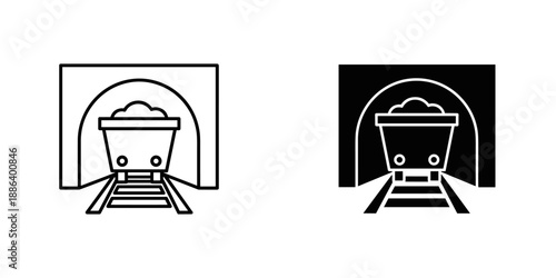 Coal Mining Train Icon Set - Black and White Illustrations