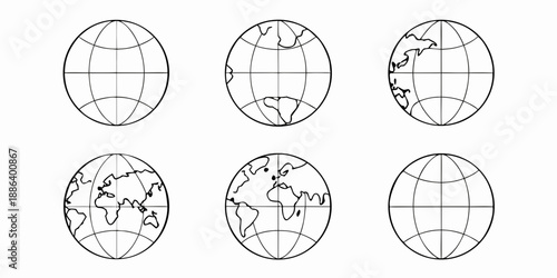 Six circular map projections depicting earth s continents and gridlines
