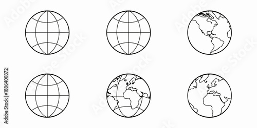 Simple line drawings of globes and world maps in an organized arrangement