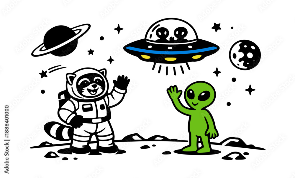 Obraz premium Playful line art space exploration set featuring a raccoon astronaut, a friendly alien, a flying saucer, and celestial bodies for children's designs