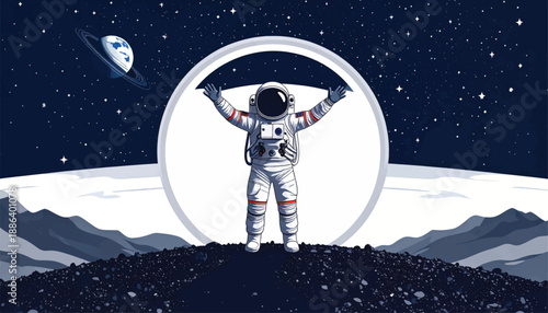 Astronaut Standing on Moon Surface Space Suit.