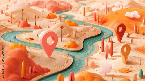  Abstract 3D Navigation Map with Colorful Location Pins in Soft Pastel Landscape