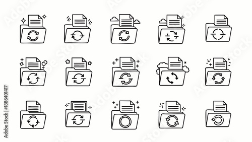 File management and data synchronization line icons set. Outline vector illustrations of folders with documents, refresh, upload, download, and transfer symbols.