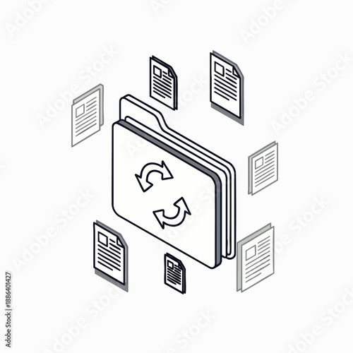 Isometric line art illustration of file synchronization between a folder and multiple documents, representing data transfer, cloud storage, and digital workflow.