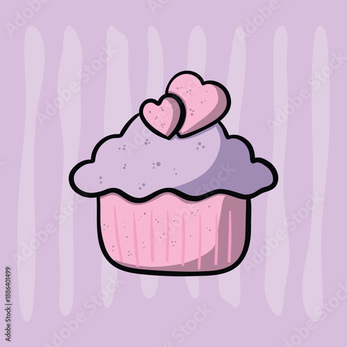 Kawaii pink and purple cupcake with heart topping on a purple line background.