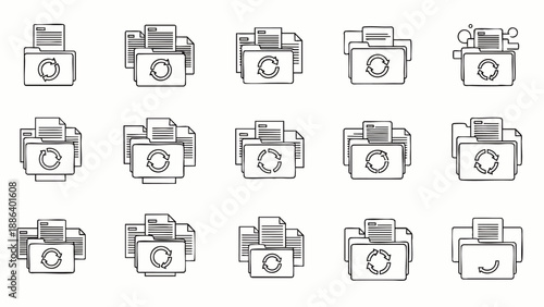 Set of sketch-style folder icons featuring refresh, sync, and update symbols for data management, file transfer, and document synchronization concepts.