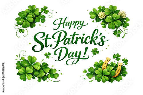 Happy st patricks day greeting surrounded by green clovers and festive decorations in a transparent background and plain white background