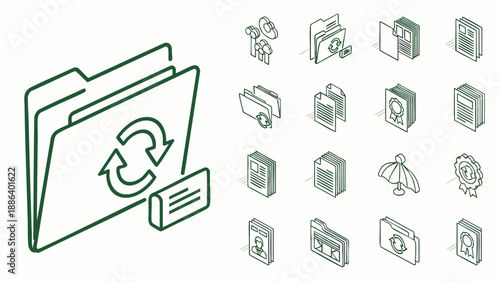 Isometric line art icons for file management, data synchronization, cloud storage, and document organization. Digital technology vector collection for business applications.
