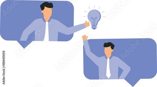 Business communication and work discussion or conversation to gathering new idea concept, business people and colleague standing on speech bubble talking about new ideas.
