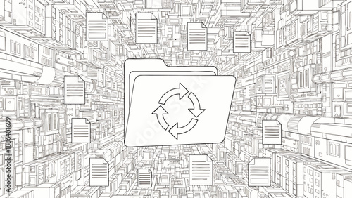 Digital data synchronization concept with a central folder and document icons, illustrating file management, cloud storage, and network technology in an abstract wireframe environment.