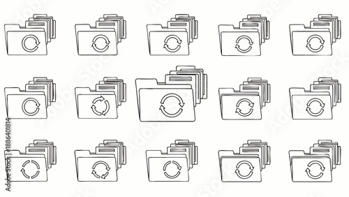 Hand-drawn sketch style folders with refresh sync icons, representing data synchronization, file management, and digital updates in a modern computing concept.