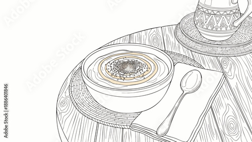 Detailed line art illustration of a healthy breakfast bowl with oatmeal, nuts, and honey on a rustic wooden table, perfect for a coloring book or menu design.