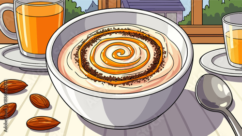 Cartoon illustration of a delicious breakfast bowl with creamy yogurt, caramel swirl, chocolate sprinkles, almonds, and orange juice on a table.