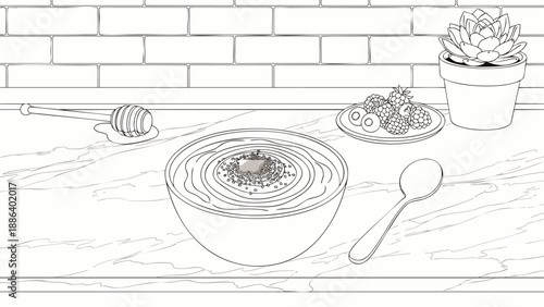 Line art illustration of a healthy breakfast bowl with oatmeal, strawberries, and honey on a marble counter in a modern kitchen setting.