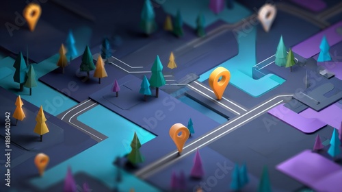  Abstract 3D Navigation Map with Colorful Location Pins in Soft Pastel Landscape