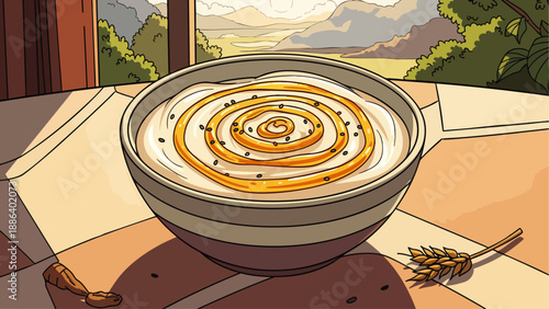 Illustrated bowl of creamy yogurt with golden honey spiral and seeds, served with wheat stalks on a sunlit patio, healthy breakfast concept.