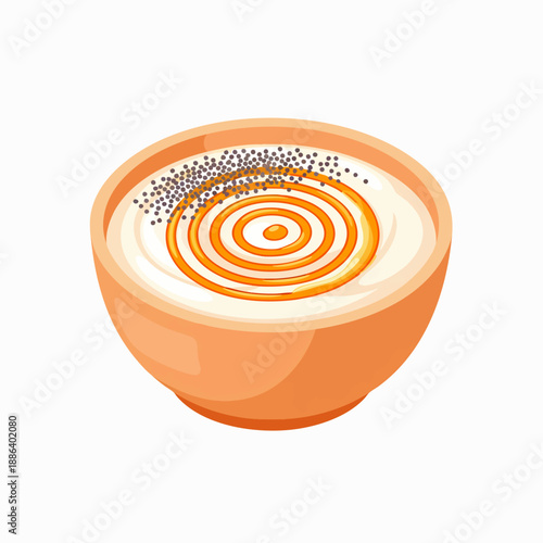 Cartoon illustration of a healthy breakfast bowl with creamy white yogurt, a golden spiral sauce, and black poppy seeds, isolated on white.