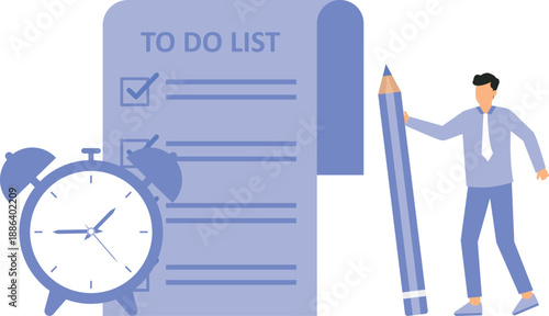 To do list and task management or completion tracking or reminder to finish assignment, work planning or schedule concept,businessman with pencil and to do list clipboard with alarm clock.
