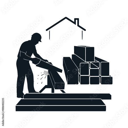 Person sawing wood with a handsaw on a workbench with a house and bricks in the background