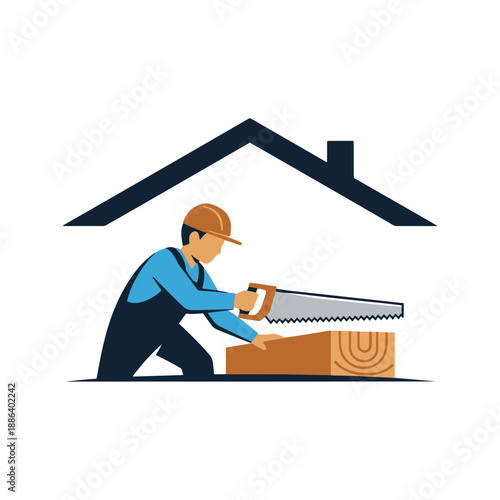 Worker in blue shirt and orange helmet using a handsaw to cut wood in front of a house silhouette