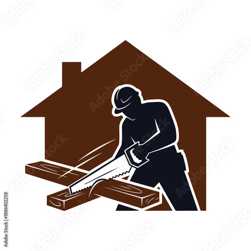 Worker sawing wood in front of house silhouette