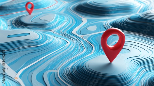  Abstract 3D Navigation Map with Colorful Location Pins in Soft Pastel Landscape