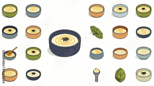 Isometric vector set of hummus bowls and ingredients. Healthy Middle Eastern dip icons with sesame seeds and olive oil. Perfect for culinary design projects and food menus.